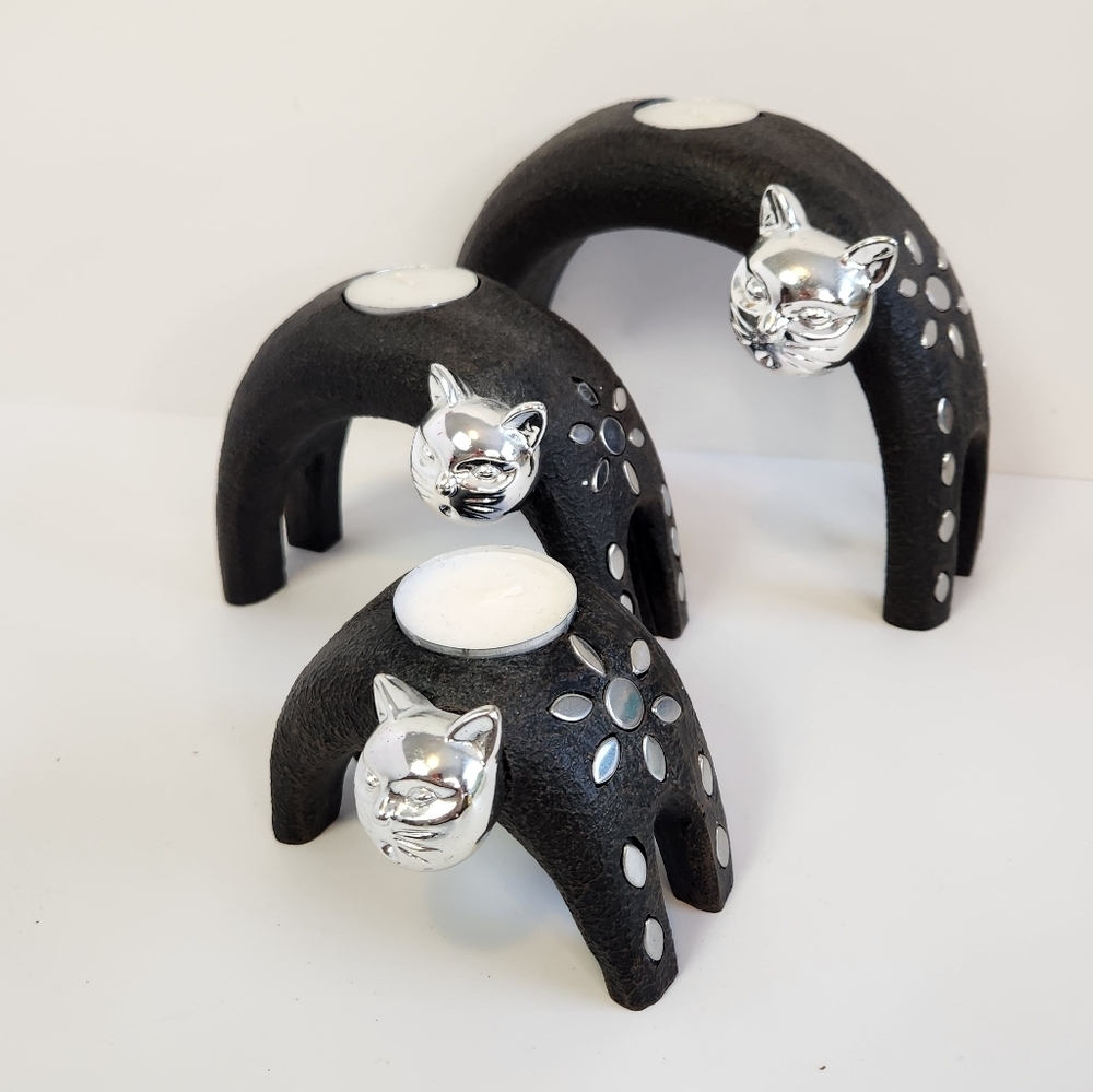 Vintage Black Silver Cat Lady Candle Holder Set Cats Unique Weird Eclectic 90s